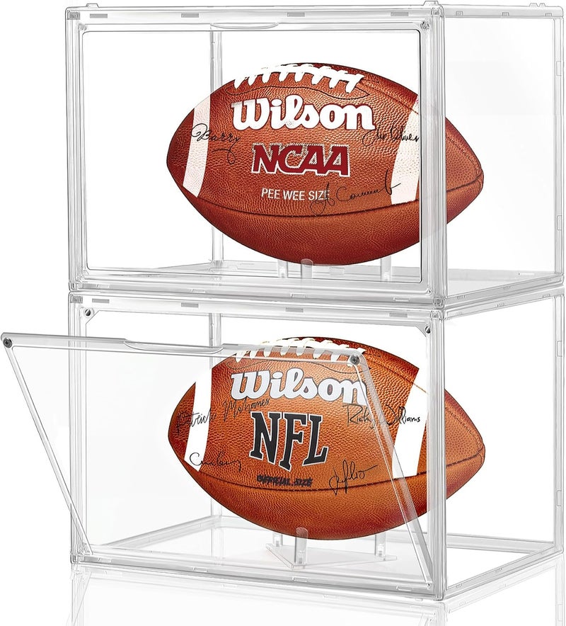 Leffis 2 Pack Football Display Case, Football Case Display Case, Memorabilia Display Cases with Magnetic Door and Removable Football Stand for Autographed Football (Assembly Required) - Image 1